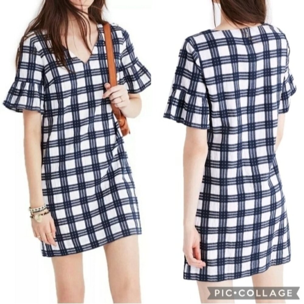 NWT Madewell Leighton Bell Sleeve Dress Navy White Plaid Size 6